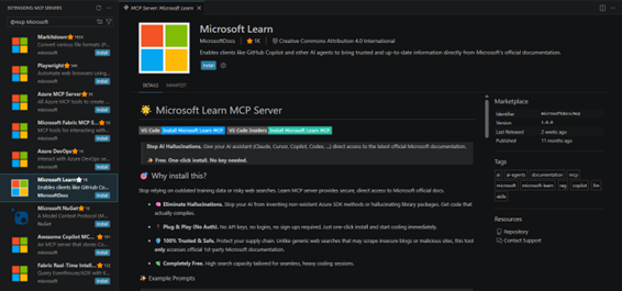 Visual Studio Code の拡張機能ビューで @mcp microsoftdocs を検索している画面